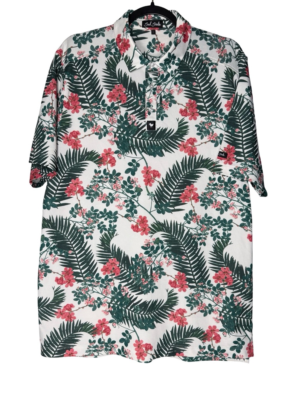 Bad Birdie Golf Polo Sz Large Floral Tropical Performance Stretch Short Sleeve